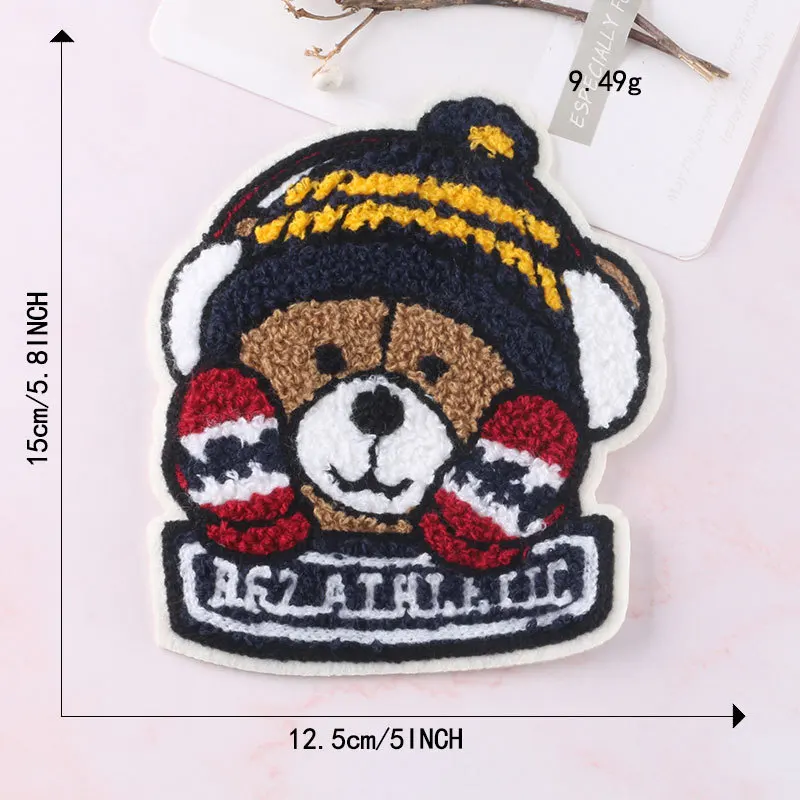 
Custom Cartoon Towel Embroidery Bear Sew On Chenille Patches for Clothing 