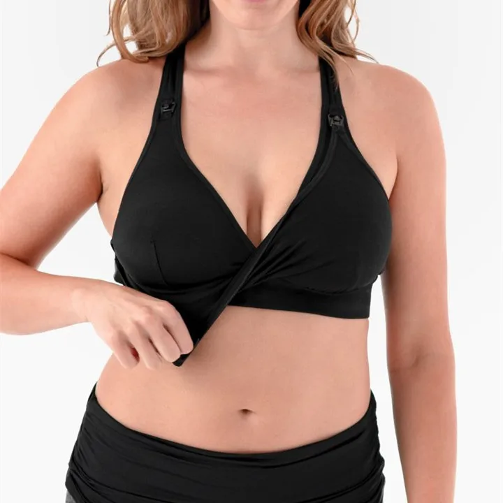 OEM ODM Raceback Breastfeeding with Keyhole Nursing Sports Bra Women Wire Free 1500pcs Solid Pattern Knitted Accept Halter