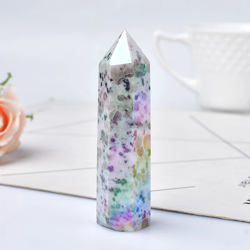 Electroplating Natural Crystal Point Angel Aura Kiwi Jasper Rainbow Crystal Tower Healing Stone
