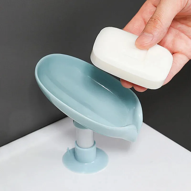 Leaf-shaped Bathroom Soap Dish Double Row Hole Draining Vertical Suction Cup Kitchen Tableware Sponge Storage Tray Bathroom