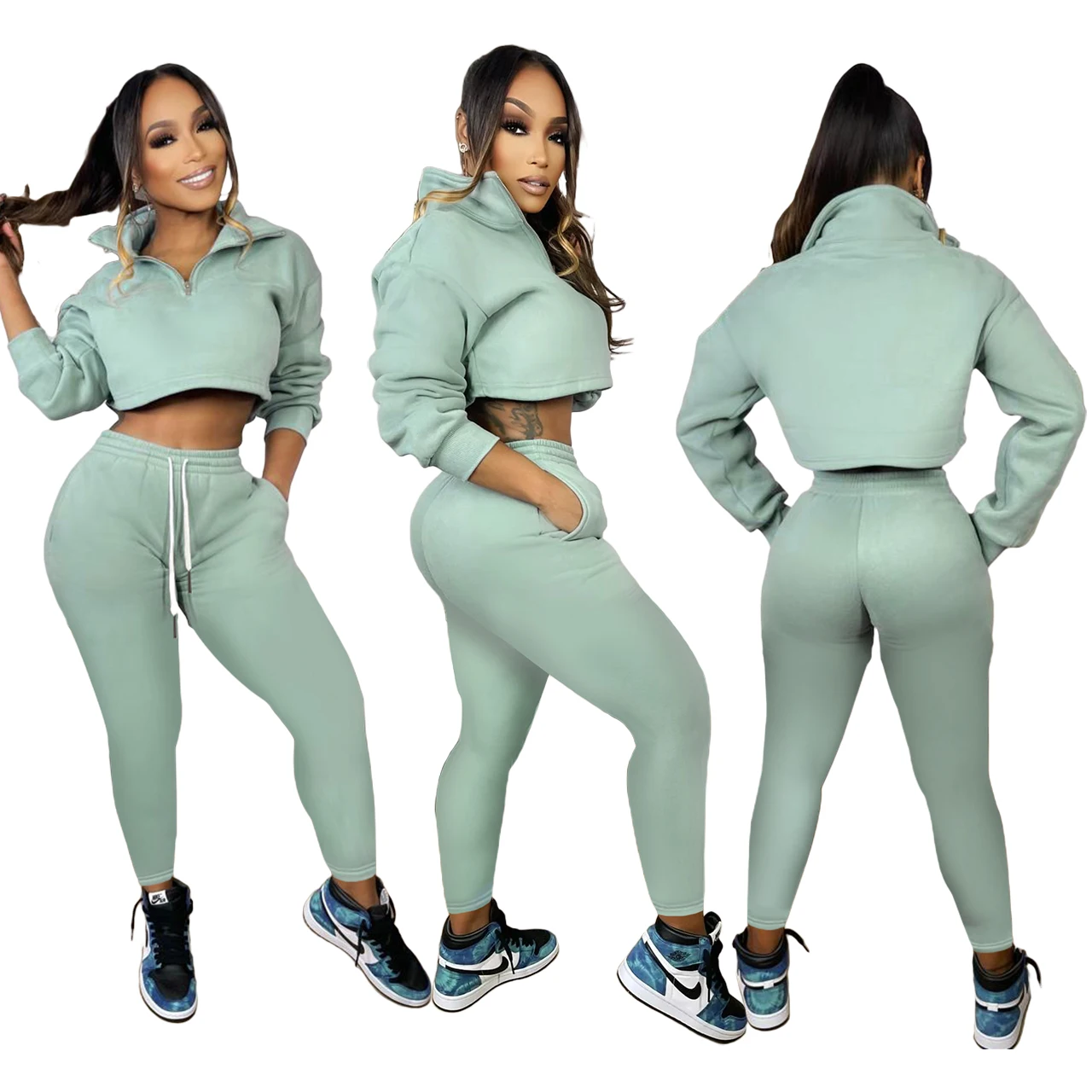 Fall winter wholesale bulk crop tops sweat suits tech fleece tracksuits for women