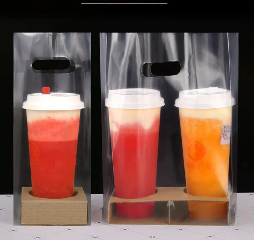 Biodegradable Hand Bags Disposable Bubble Tea Cup Holder Bag Corn Starch Plastic Bag Compostable