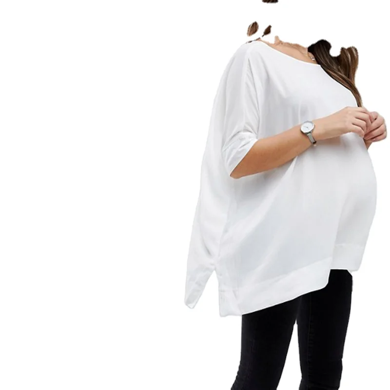 Pregnant Wear Oversized kimono V-back Maternity T-shirt Scoop Neckline White Side Split Smooth Blouse