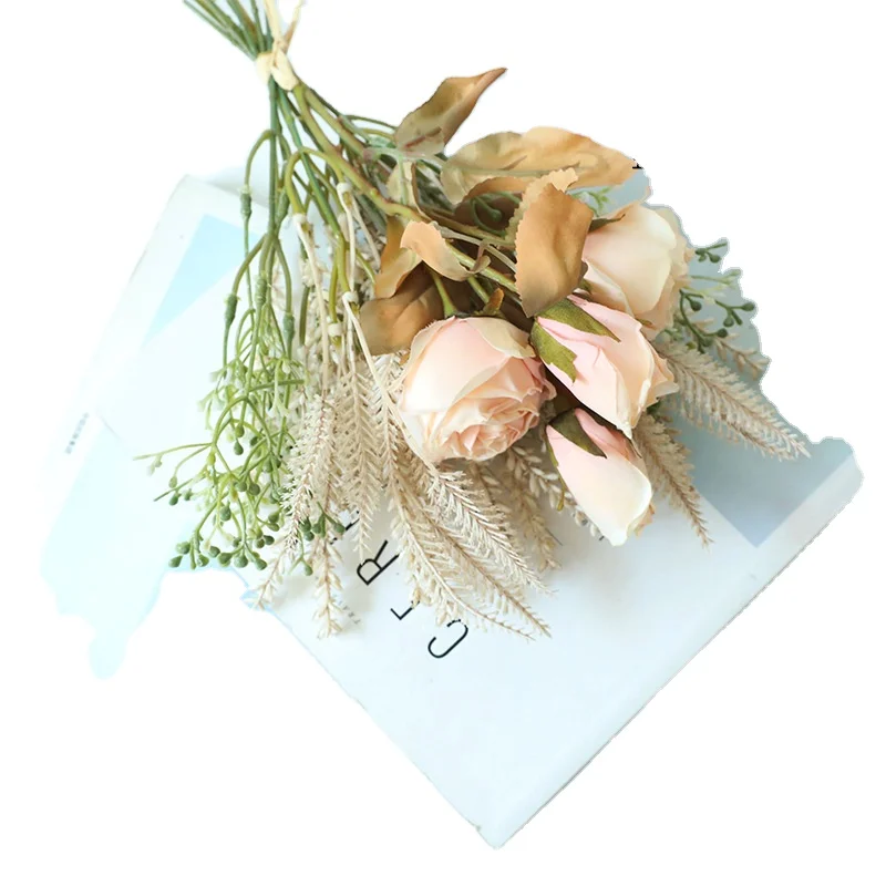 New design  3D artificial flower  bouquet  fabric pink rose golden grain for birthday party gift