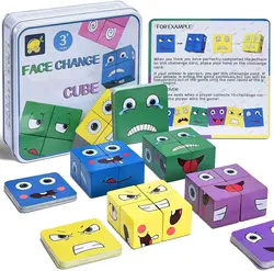 Wooden Expressions Matching Block Puzzles Building Cubes Portable Face-Changing Cubes Puzzle Games Toys for Kids