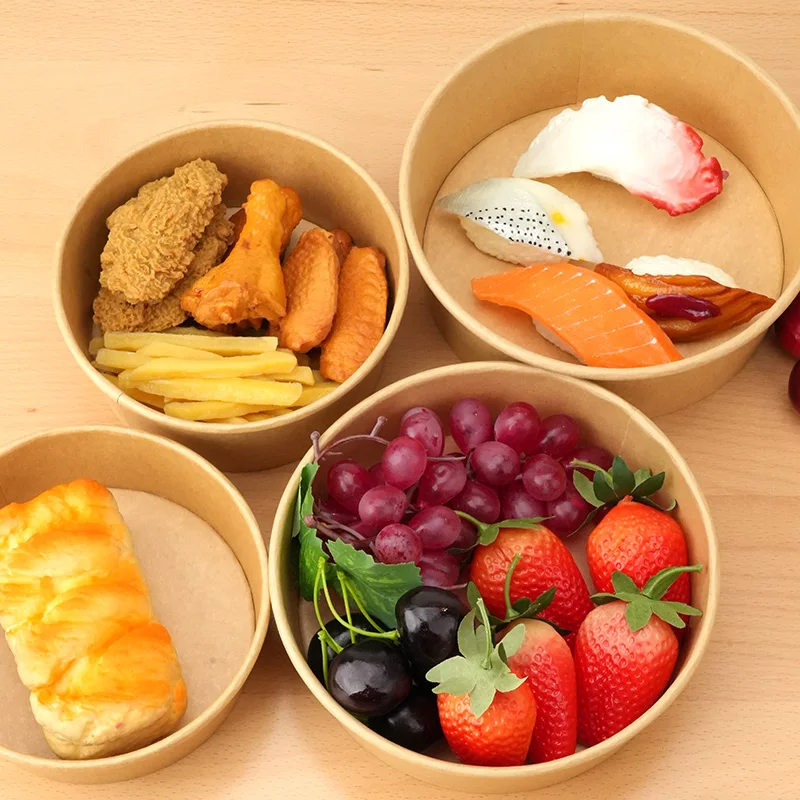 Ready bulk wholesale waterproof Kraft Paper Food Bowl Take Away Disposable Salad Bowls With Paper Lid