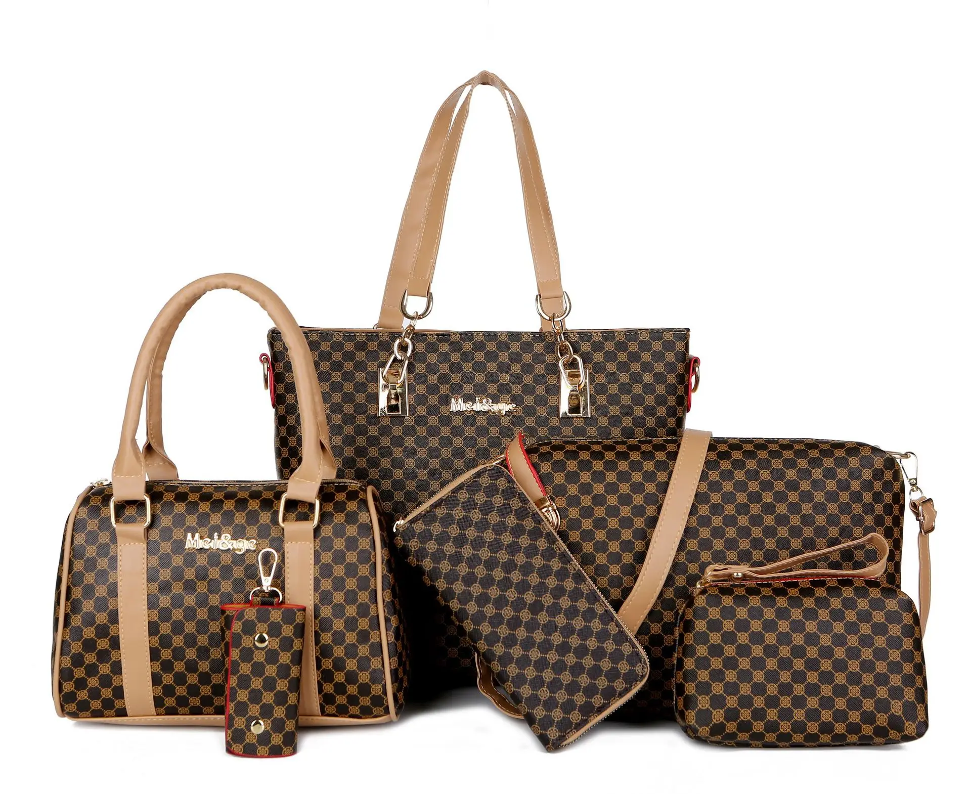 Wholesale Women Trendy Shoulder Tote Hand Bags 6 Piece Set Printed pattern Leather Purses And Handbags