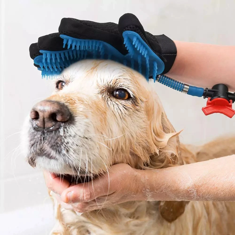 
Blue pet grooming brush dog shower kit silicone material 