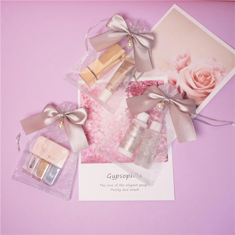 Cosmetic Packaging Bag With Pearl Bow-Knot Transparent Jewelry Organza Drawstring Gift Packaging