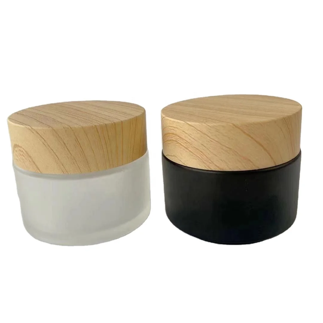 50g 60g 100g frosted glass jar with bamboo cap and PP disc liner for cosmetic glass jar packaging