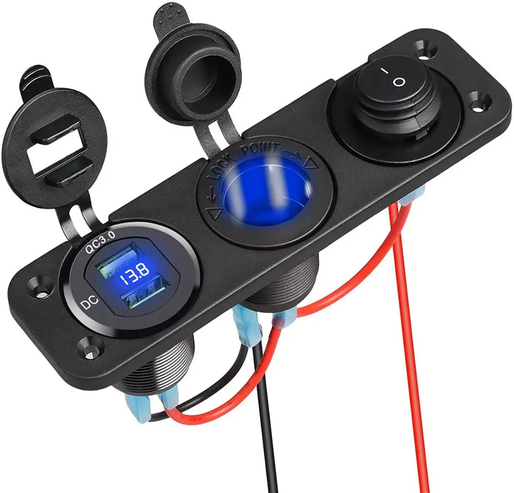 QC 3.0  Dual USB Car Socket + LED Digital Voltmeter+ Cigarette Lighter Socket Splitter + LED Lighted ON Off Rocker switch