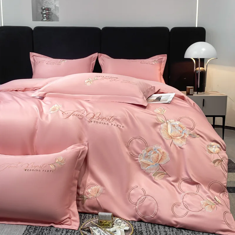 Goodins Summer Double-Sided Cool Ice Silk 60 Four-Piece Set Washed Tencel Embroidered Quilt Bed Sheet Group ding