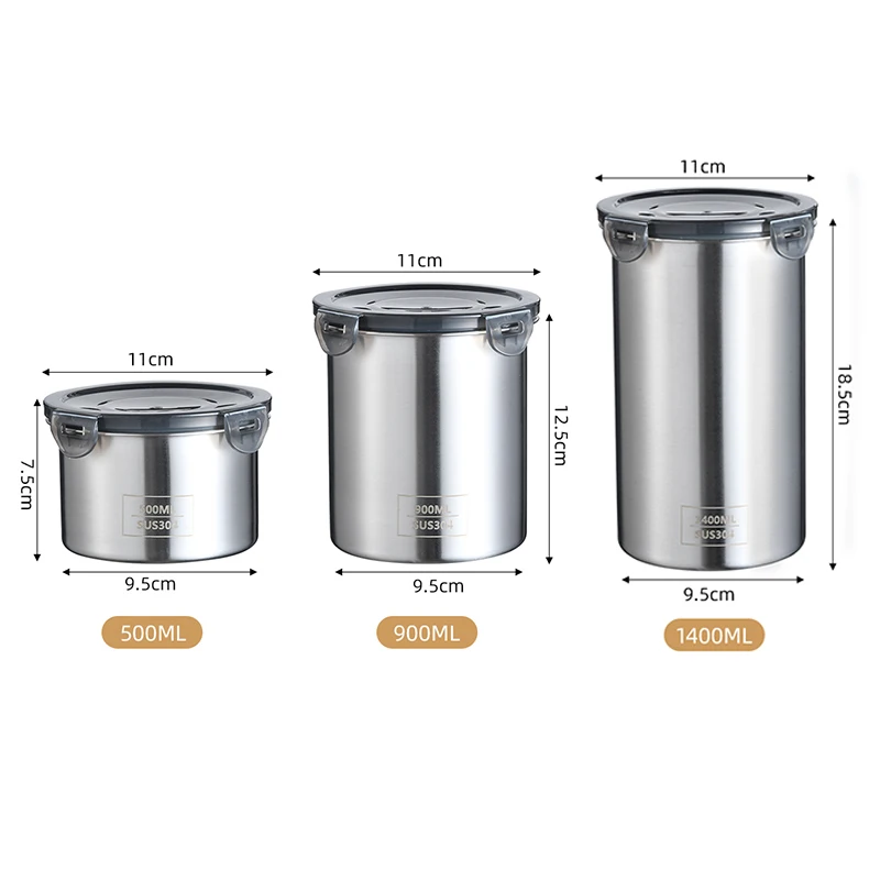 3 PCS round kitchen jars storage set airtight food storage box organizer freezer stainless steel container for restaurants
