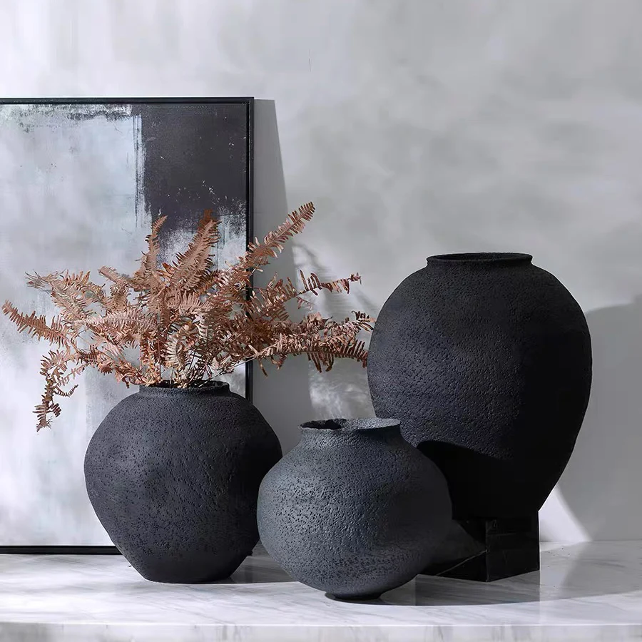 Nordic wedding tabletop decoration matte ceramic ornament vase black terracotta flower vases for home decor