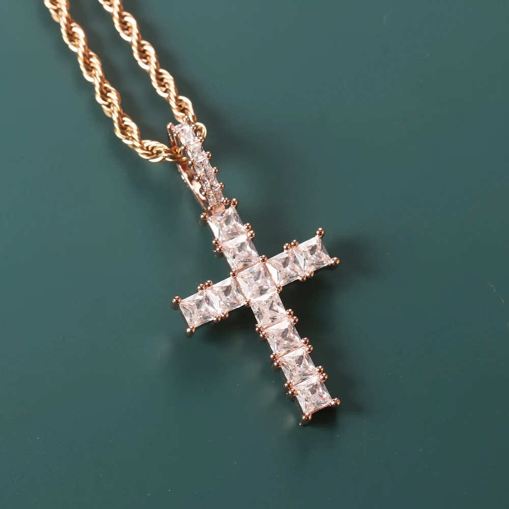 NEW POPULAR Bling Square  Large Zircon Cross Pendant Gold Silver Color Necklace For Women Men Hip Hop Party Jewelry Birthday
