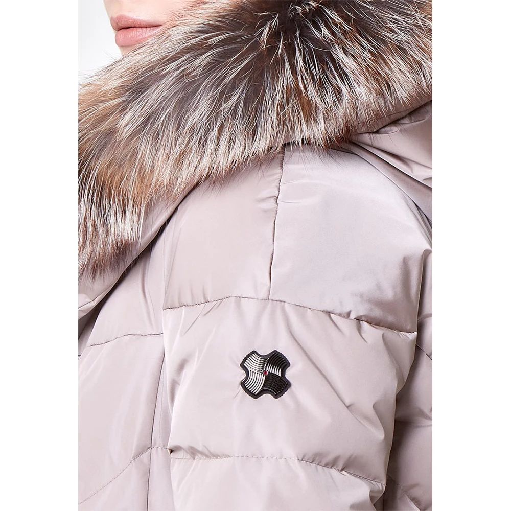 Natural goose down winter jacket for women with fur hood/ Unique shoulder cut ladies winter zipper coat for cold weather