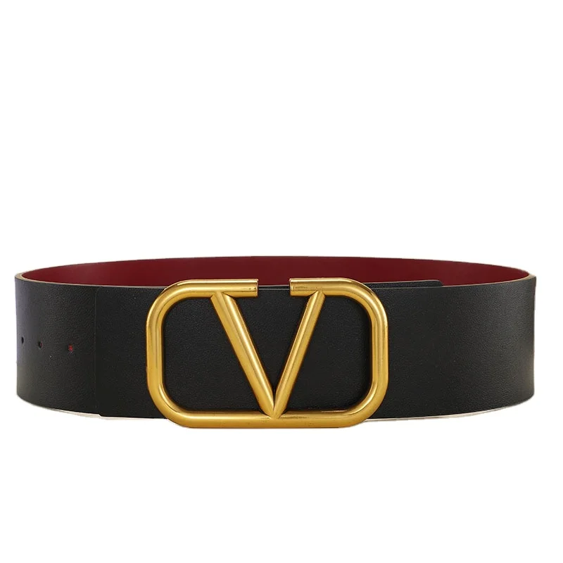 Luxury Brand High Quality Designer With Alloy Slide Buckle 7CM Wide Reversible V Letter Leather  Belt