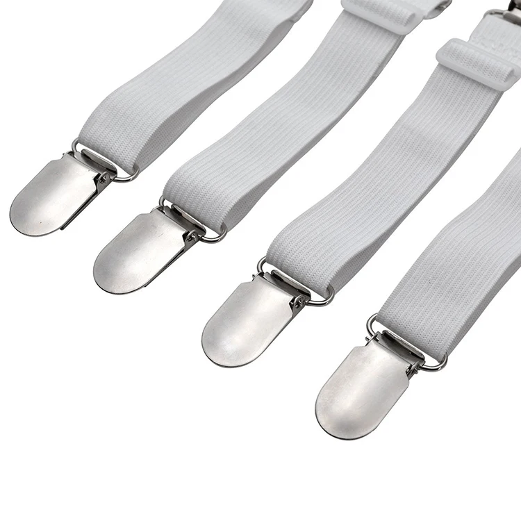 Solid White and Black Blue Bed Sheet Suspenders with Metal Clips and Adjusters