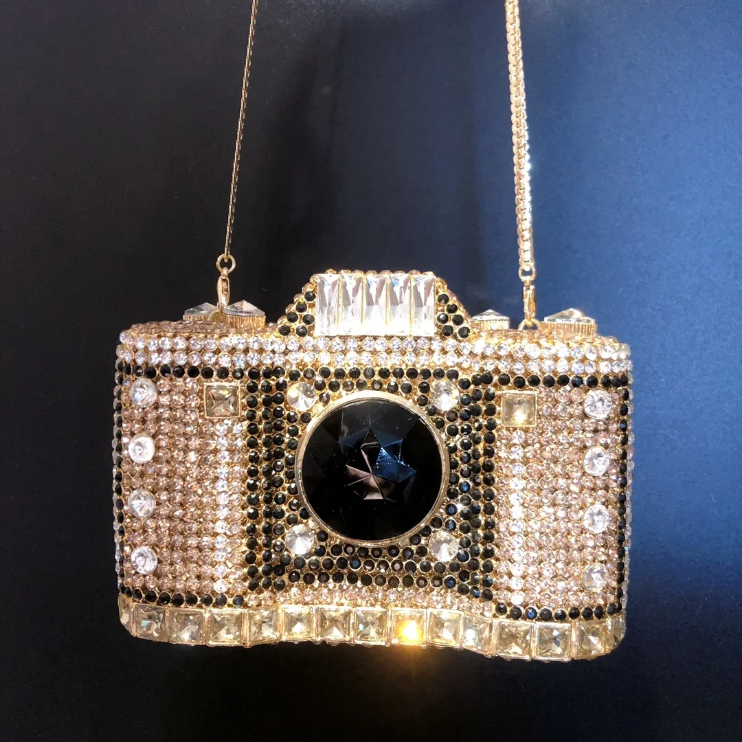 Amiqi MRY87 Wholesale New Arrival Ladies Fashion Camera Clutch Purse Crystal Evening Purse Dinner Party Gold Chain Bag For Women