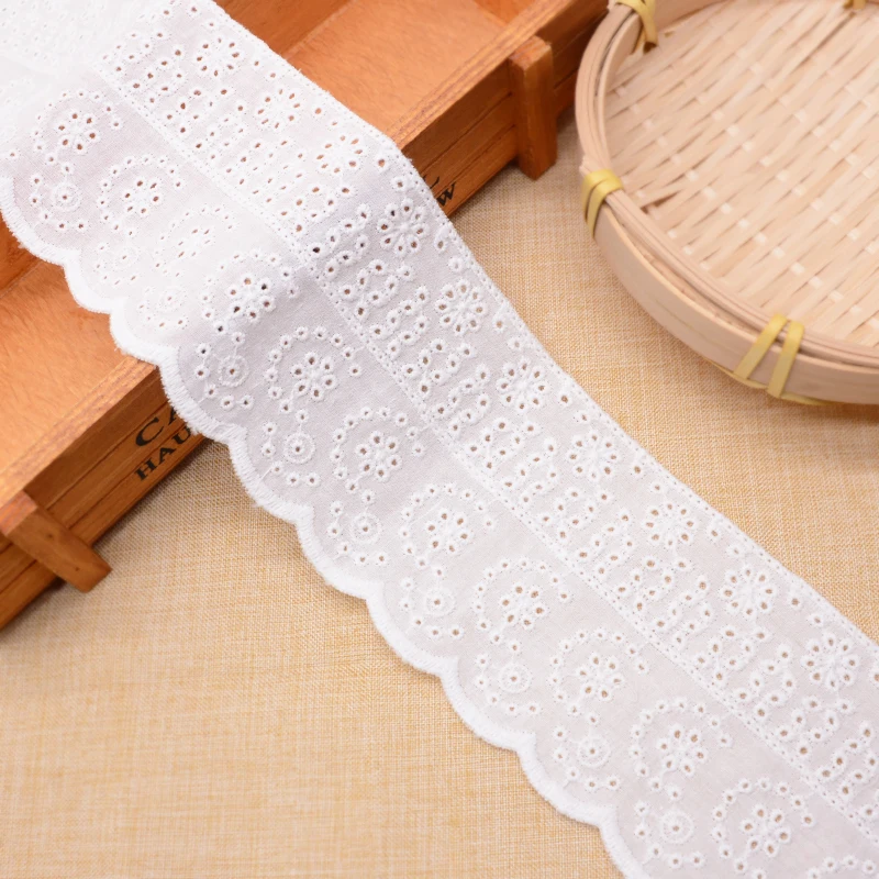Custom 8cm wide white fancy embroidery eyelet fabric lace trims for dresses
