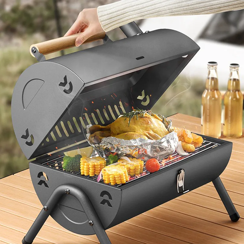 BBQ Grill Round Charcoal Stove Outdoor Bacon Portable 3 in 1 Barbecue Grills Double Deck Smoker Oven Camping Picnic Cooking Tool