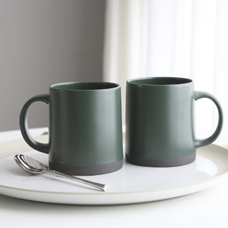 Newest Matte green ceramic mug carving logo can order gift coffee cup cereal breakfast cup wholesale