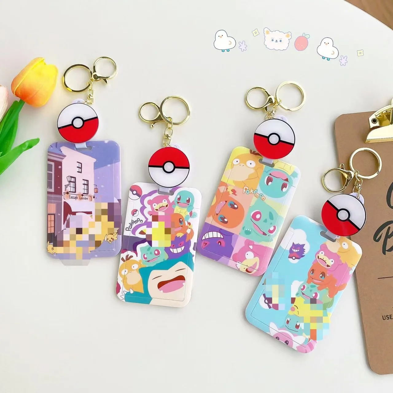 New Cartoon Kawaii Bubu School bus card Holder with Keychain Anime Easy to stretch buckle id Card Holder ABS Plastic Card case