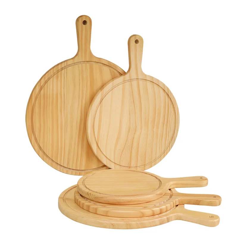 Round Natural Bamboo Wooden Pizza Tray Server Cutting Board Chopping Paddle