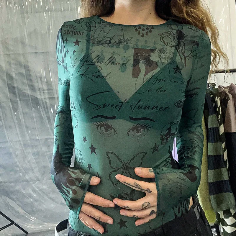 Sexy Y2K Goth Graphic Printed Bodycon Tops Custom Summer 360 Printed Mesh Transparent Women Bodysuit