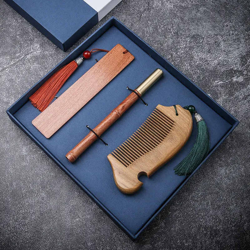 2022 Chinese style novelty gift bookmark sandalwood comb gift box set hairpin signature pen business gift