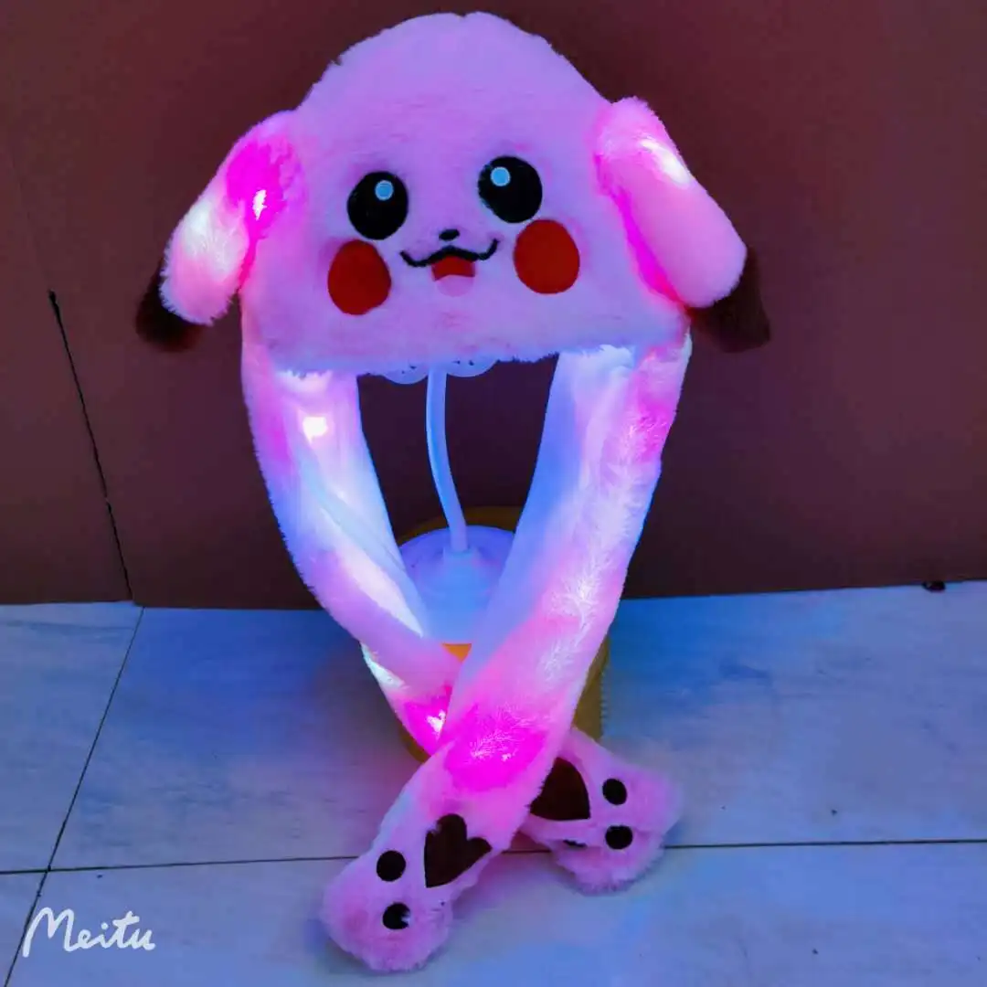 Pikachu Bunny hat cartoon stuffed animal toy Ear Move Glowing rabbit cap Led Light Jumping Funny Cosplay Party Holiday