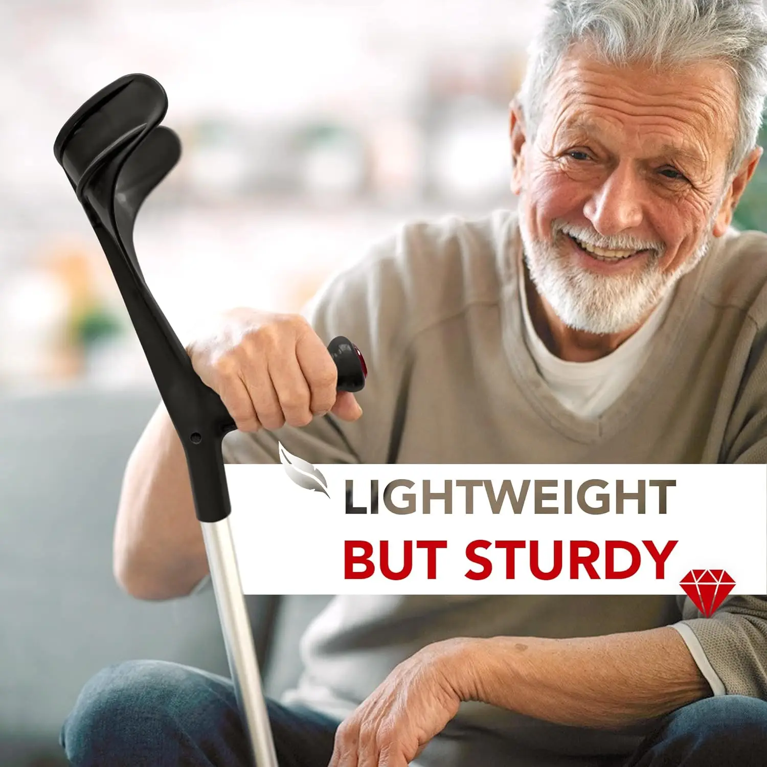 Forearm Crutches for Adults Open Cuff  Handle with Light Reflector Built-in Height Adjustment Clip High Density Sturdy Aluminum