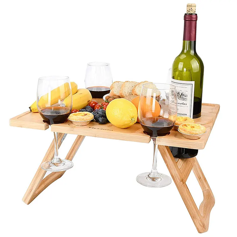 Изготовленная на заказ открытом воздухе бамбуковый Пикник барбекю снэк-винный бар Настольный портативный складной ножках дерево кемпинг стол с бутылкой и стекла