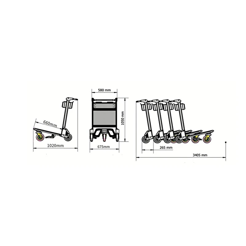 Hand Brake Airport Luggage Baggage Trolley Three Wheel Airport Passenger Luggage Trolley Stainless Steel Airport Trolley Cart