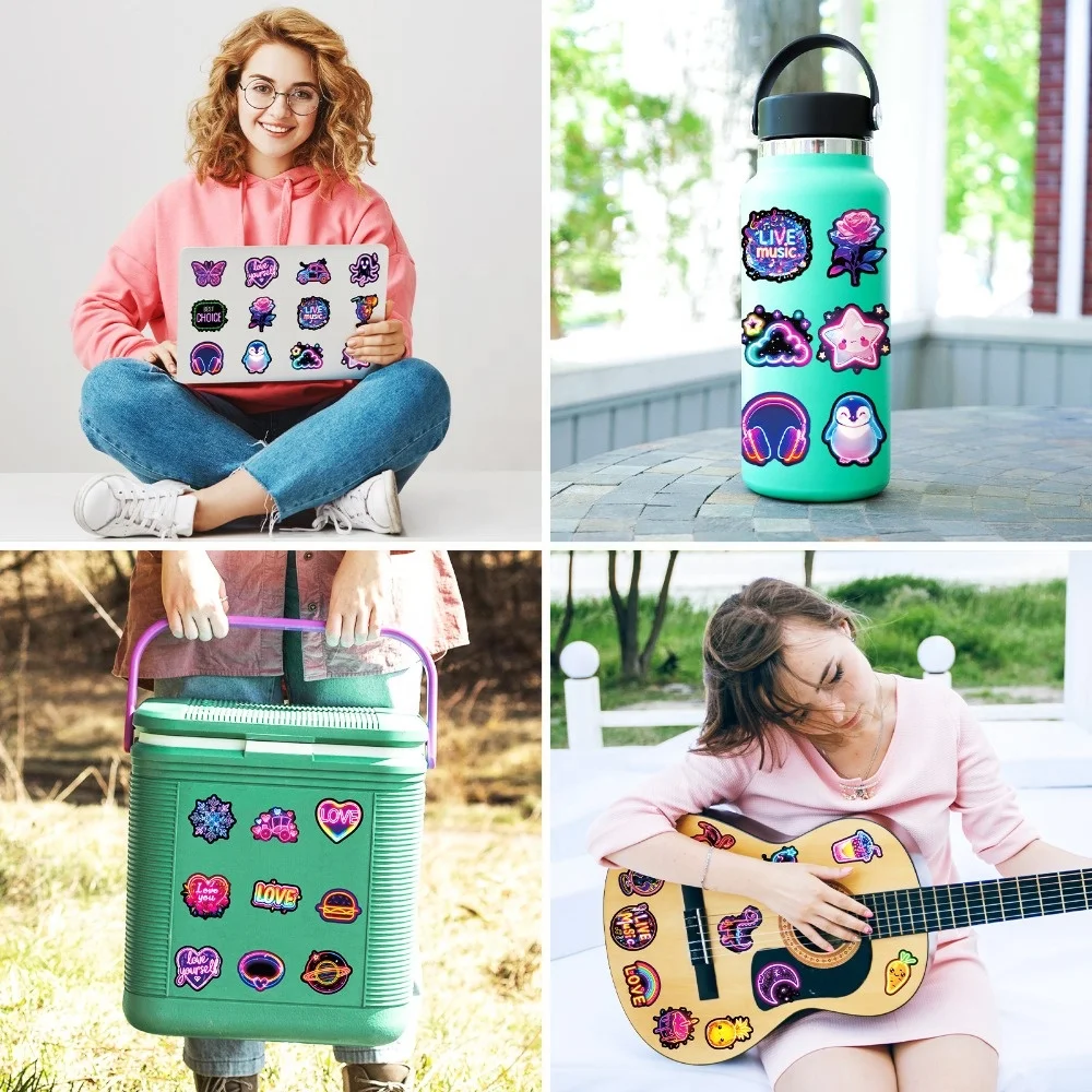 50pcs/Bag, Neon Hand-painted Waterproof Stickers with Cool Dark Purple Personality Decorative Stickers, T01042238