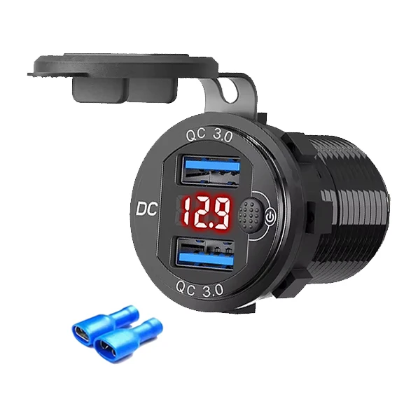 Aluminum Dual Port USB Car Motorcycle Charger Socket Waterproof QC3.0 12V 36W New Style Voltmeter Digital Switch 12-24V