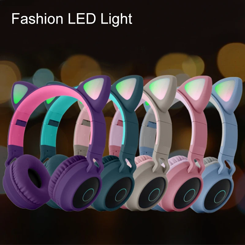Dropshipping Pink Wireless Cat Ear Headphones Music LED Lovely Kids Earphone