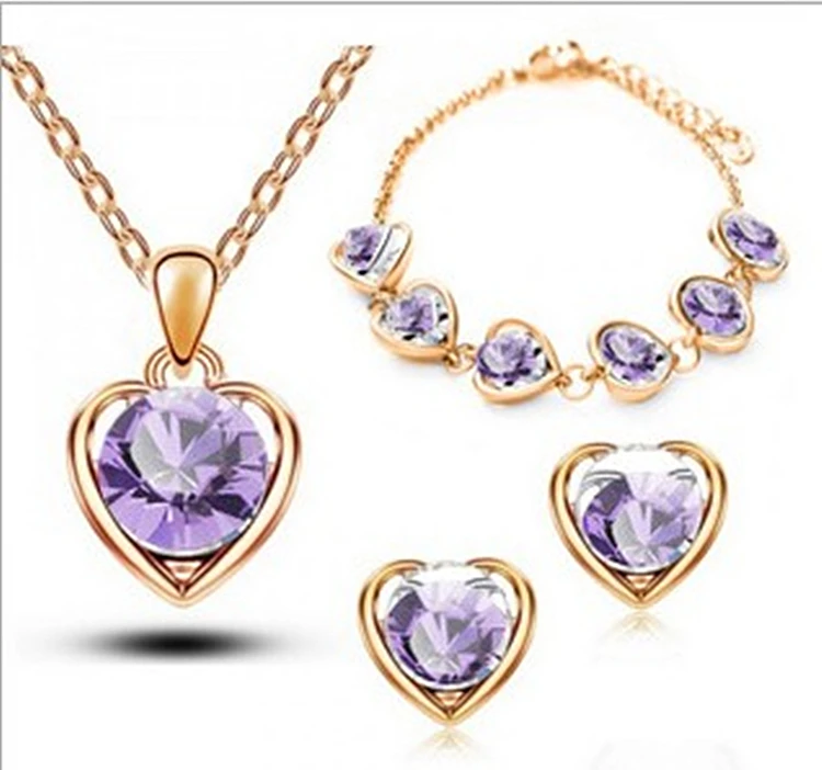 Simple heart necklace earrings bracelet three-piece element crystal fashion jewelry alloy diamond accessories