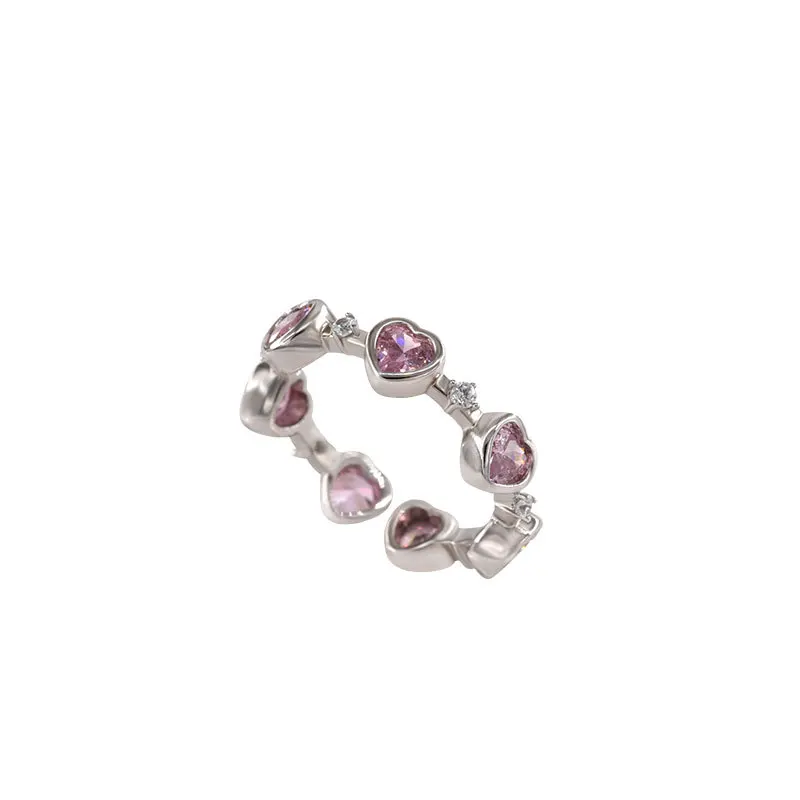 S925 Silver Heart Shape Cubic Zircon Finger Rings for Girls Pink Crystal Heart Rings for women jewelry