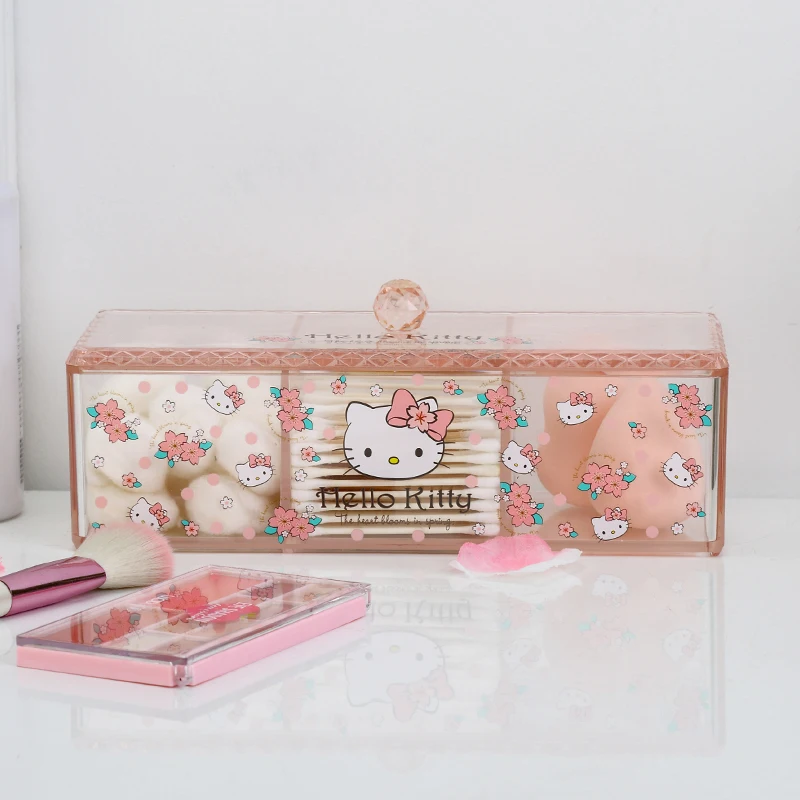 Hello Kitty PS small jewelry cosmetic storage box bath cotton swab pads box plastic makeup organizer with detachable cover