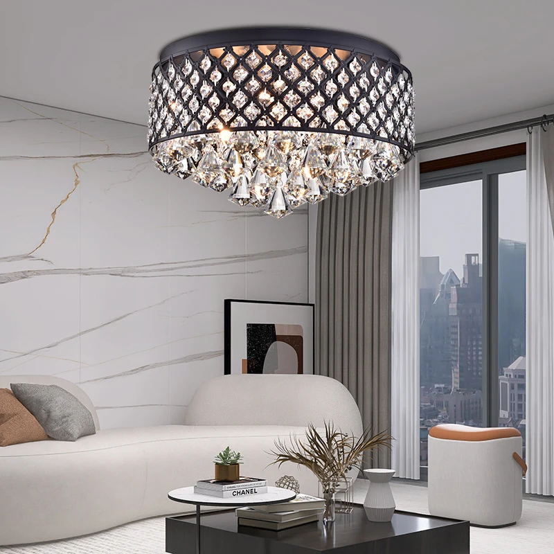 Custom hotel American style round fixture ceiling luxury hanging lighting led crystal modern chandeliers ceiling lights