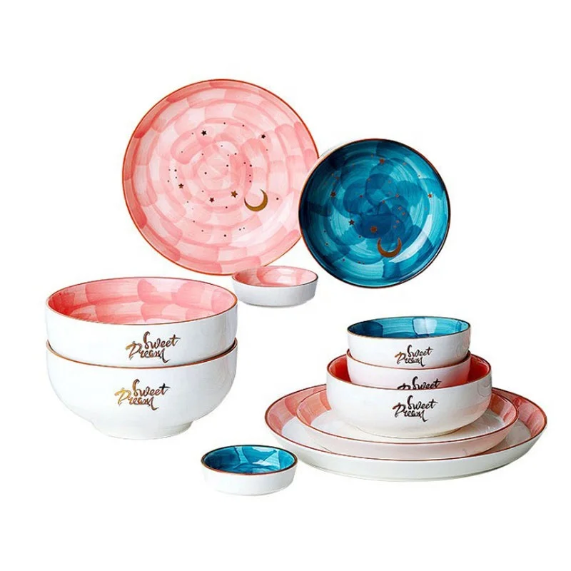 Красочные Тонкие кухонные принадлежности, наборы посуды с керамической росписью для дома и ресторана