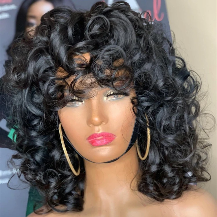 Short Curly Wig With Bangs 180% Density Double Drawn Human Hair Wig Machine Made Human Hair Short Curly Bob Wigs With Bang