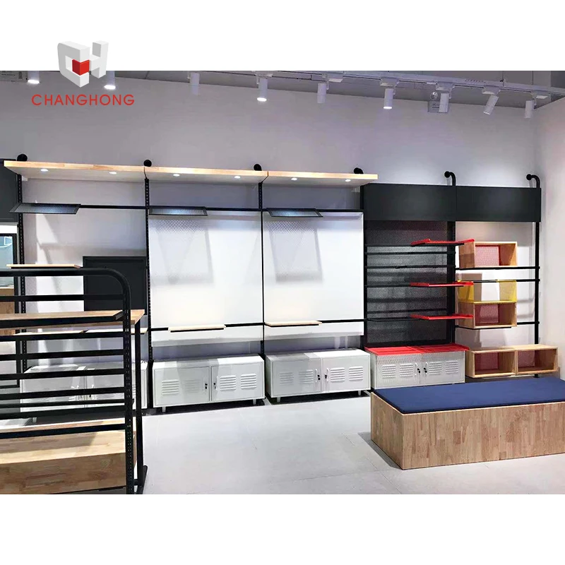 Shop fitting commercial clothes shop interior retail metal clothing store display fixtures and wall hangers for garment display