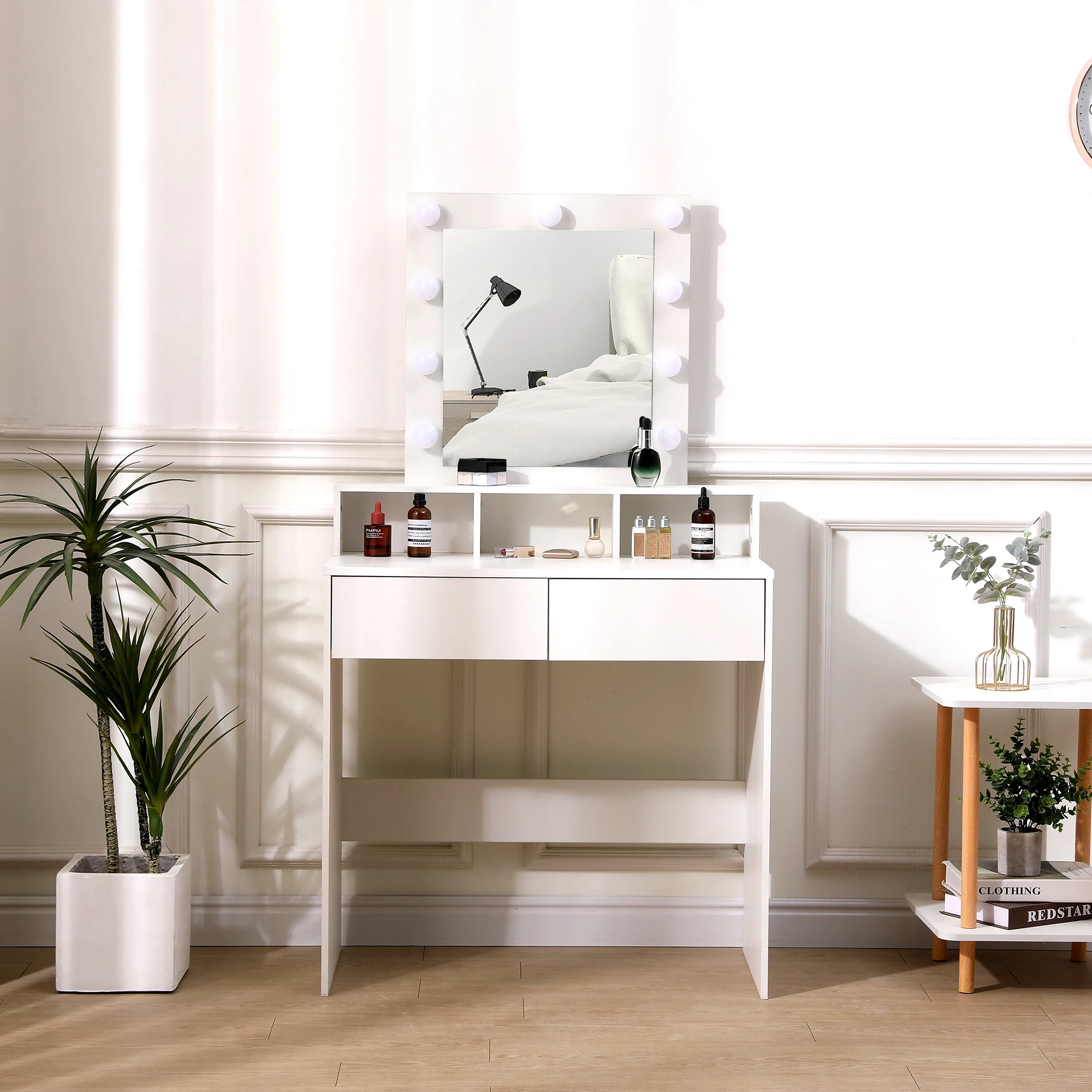 2 Drawers and 3 Compartments Modern White  LED Lights Makeup dressing Table