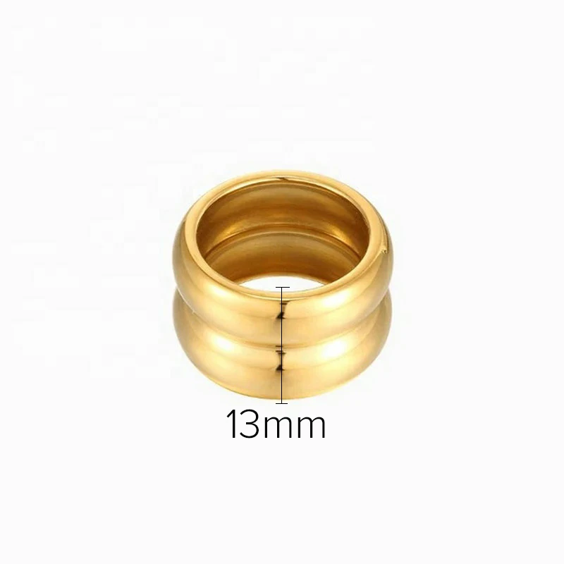 13mm Wide 18k Gold Plating Stainless Steel Smooth Wedding Band Chunky Ring Gorgeous Detailed Gold Ring For Ladies