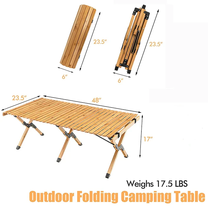 Bamboo Folding Picnic Table,  Wooden Roll-up Portable Camping Table for Patio Garden Beach Yard