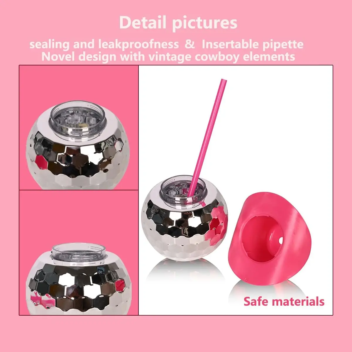 20OZ Plastic Disco Ball Cup Mirror Tumbler with Pink Cowgirl Hat Cups with Straw For Party