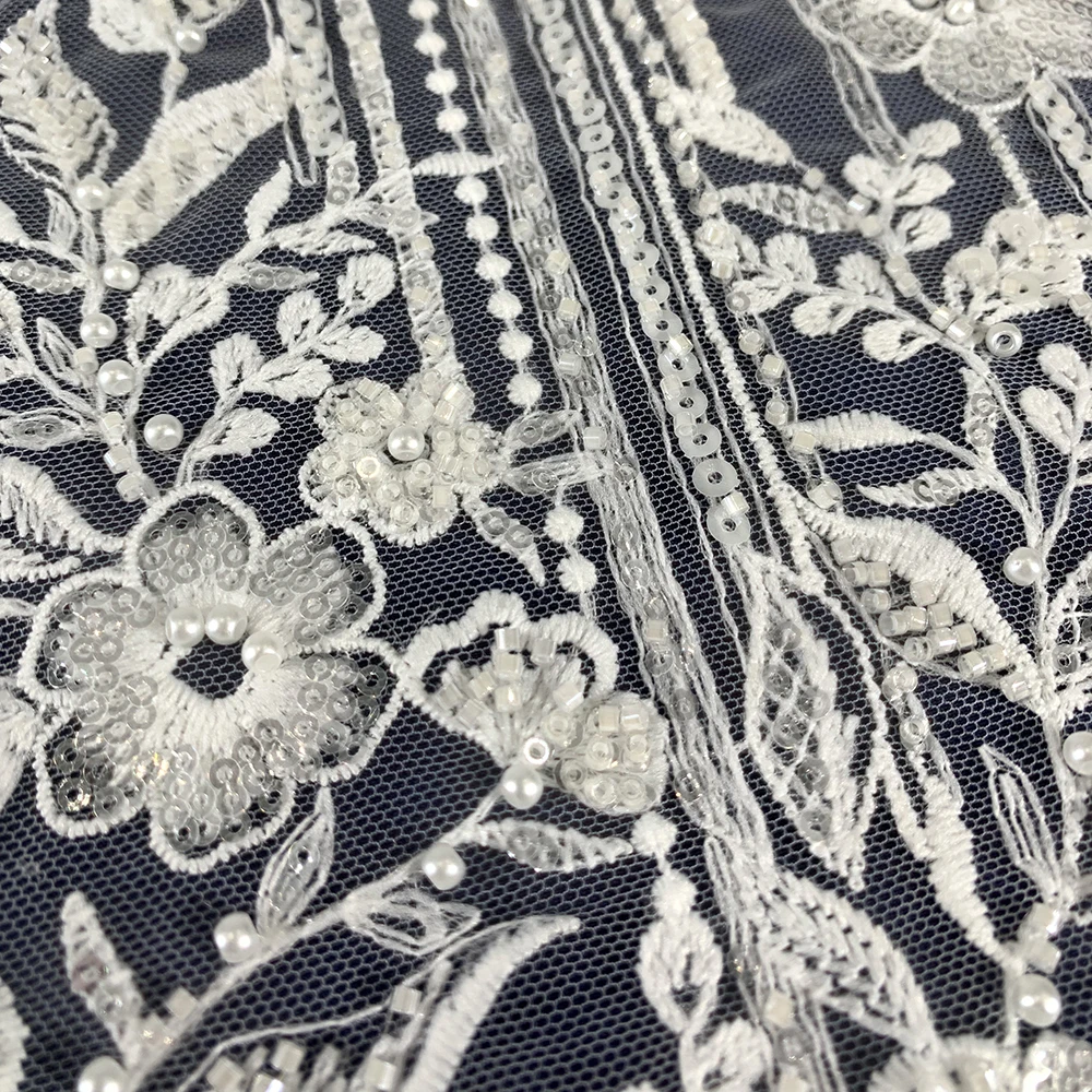 Wholesale good price white bridal pearl embroidered beaded crystal sequin fabric manufacturers for ladies african lace fabric