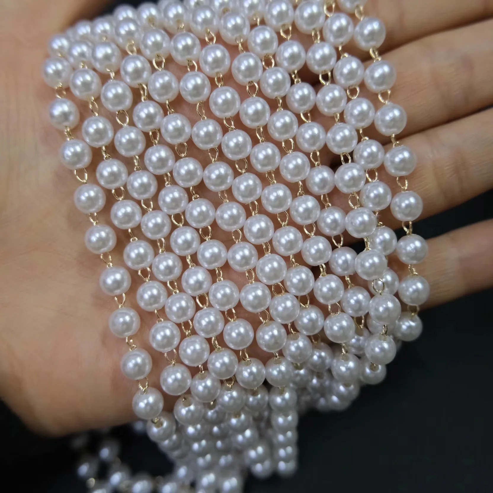 JC Crystal Hot Sale 3-8mm Chain Pearl for Dress Garment Accessories Trim Roll Copper Pearl Beads Chain for Jewelry Making